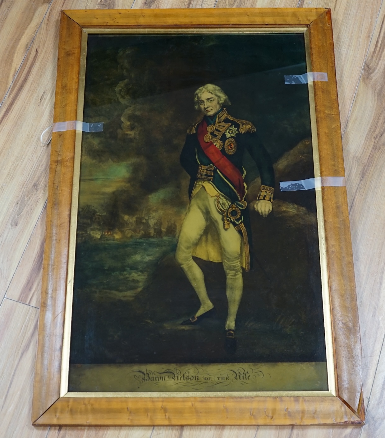 19th century, reverse glass painted print ‘Baron Nelson of the Nile’, 70 x 42cm. Condition - fair